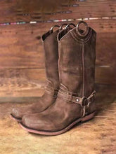 Vintage Brown Vegan Leather Metal Rings Round-toe Slip-on Mid-Calf Western Boots